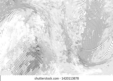 Abstract monochrome grunge halftone pattern. Soft dynamic lines. Half tone  vector illustration with dots. Modern black and white polka dots wide background for web design, brochures, leaflets, print