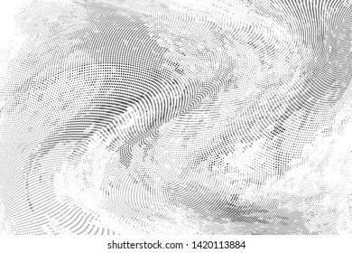 Abstract monochrome grunge halftone pattern. Soft dynamic lines. Half tone  vector illustration with dots. Modern black and white polka dots wide background for web design, brochures, leaflets, print