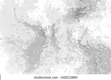 Abstract monochrome grunge halftone pattern. Soft dynamic lines. Half tone  vector illustration with dots. Modern black and white polka dots wide background for web design, brochures, leaflets, print