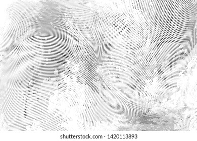 Abstract monochrome grunge halftone pattern. Soft dynamic lines. Half tone  vector illustration with dots. Modern black and white polka dots wide background for web design, brochures, leaflets, print