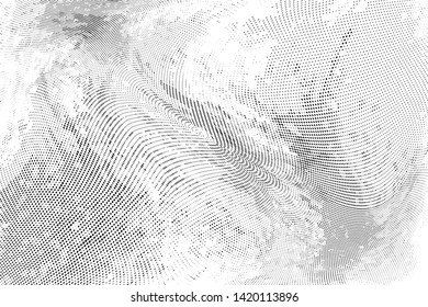 Abstract monochrome grunge halftone pattern. Soft dynamic lines. Half tone  vector illustration with dots. Modern black and white polka dots wide background for web design, brochures, leaflets, print