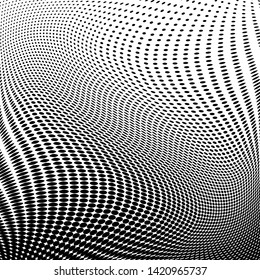 Abstract monochrome grunge halftone pattern. Soft dynamic lines. Half tone  vector illustration with dots. Modern black and white polka dots wide background for web design, brochures, leaflets, print