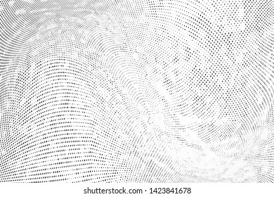 Abstract monochrome grunge halftone pattern. Soft dynamic lines. Half tone  vector illustration with dots. Modern black and white polka dots wide background for web design, brochures, leaflets, print