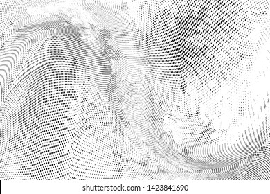 Abstract monochrome grunge halftone pattern. Soft dynamic lines. Half tone  vector illustration with dots. Modern black and white polka dots wide background for web design, brochures, leaflets, print