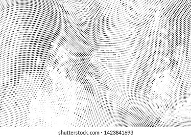 Abstract monochrome grunge halftone pattern. Soft dynamic lines. Half tone  vector illustration with dots. Modern black and white polka dots wide background for web design, brochures, leaflets, print