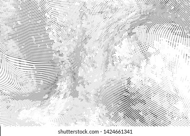 Abstract monochrome grunge halftone pattern. Soft dynamic lines. Half tone  vector illustration with dots. Modern black and white polka dots wide background for web design, brochures, leaflets, print