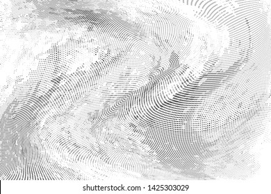 Abstract monochrome grunge halftone pattern. Soft dynamic lines. Half tone  vector illustration with dots. Modern black and white polka dots wide background for web design, brochures, leaflets, print