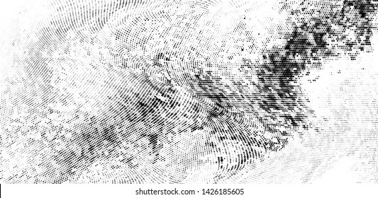 Abstract monochrome grunge halftone pattern. Soft dynamic lines. Half tone  vector illustration with dots. Modern black and white polka dots wide background for web design, brochures, leaflets, print