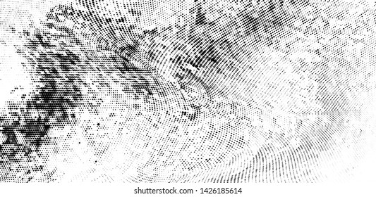 Abstract monochrome grunge halftone pattern. Soft dynamic lines. Half tone  vector illustration with dots. Modern black and white polka dots wide background for web design, brochures, leaflets, print
