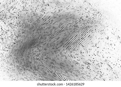 Abstract monochrome grunge halftone pattern. Soft dynamic lines. Half tone  vector illustration with dots. Modern black and white polka dots wide background for web design, brochures, leaflets, print
