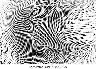 Abstract monochrome grunge halftone pattern. Soft dynamic lines. Half tone  panoramic vector illustration with dots. Modern black and white polka dots wide background for web design, leaflets, print