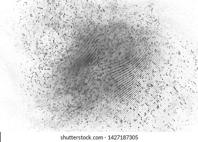 Abstract monochrome grunge halftone pattern. Soft dynamic lines. Half tone  panoramic vector illustration with dots. Modern black and white polka dots wide background for web design, leaflets, print