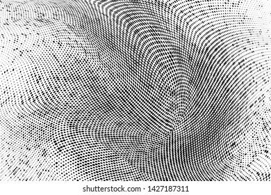 Abstract monochrome grunge halftone pattern. Soft dynamic lines. Half tone  panoramic vector illustration with dots. Modern black and white polka dots wide background for web design, leaflets, print