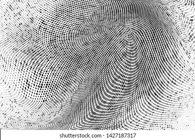 Abstract monochrome grunge halftone pattern. Soft dynamic lines. Half tone  panoramic vector illustration with dots. Modern black and white polka dots wide background for web design, leaflets, print