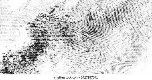Abstract monochrome grunge halftone pattern. Soft dynamic lines. Half tone  panoramic vector illustration with dots. Modern black and white polka dots wide background for web design, leaflets, print