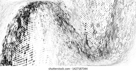 Abstract monochrome grunge halftone pattern. Soft dynamic lines. Half tone  panoramic vector illustration with dots. Modern black and white polka dots wide background for web design, leaflets, print