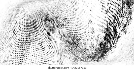 Abstract monochrome grunge halftone pattern. Soft dynamic lines. Half tone  panoramic vector illustration with dots. Modern black and white polka dots wide background for web design, leaflets, print