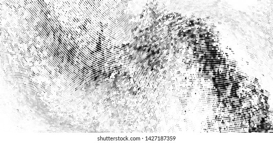 Abstract monochrome grunge halftone pattern. Soft dynamic lines. Half tone  panoramic vector illustration with dots. Modern black and white polka dots wide background for web design, leaflets, print