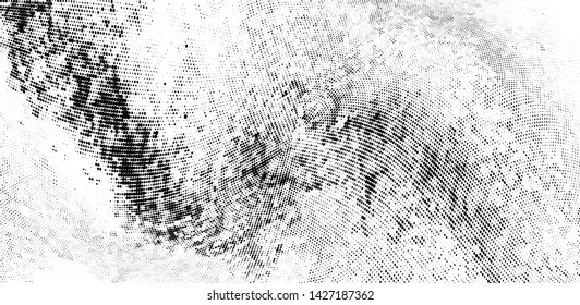 Abstract monochrome grunge halftone pattern. Soft dynamic lines. Half tone  panoramic vector illustration with dots. Modern black and white polka dots wide background for web design, leaflets, print