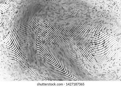 Abstract monochrome grunge halftone pattern. Soft dynamic lines. Half tone  panoramic vector illustration with dots. Modern black and white polka dots wide background for web design, leaflets, print