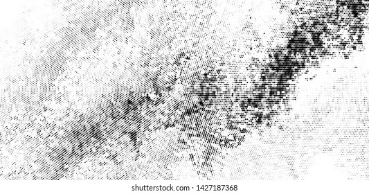 Abstract monochrome grunge halftone pattern. Soft dynamic lines. Half tone  panoramic vector illustration with dots. Modern black and white polka dots wide background for web design, leaflets, print