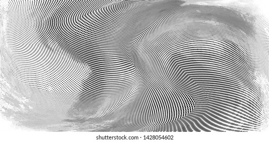 Abstract monochrome grunge halftone pattern. Soft dynamic lines. Half tone  panoramic vector illustration with dots. Modern black and white polka dots wide background for web design, leaflets, print