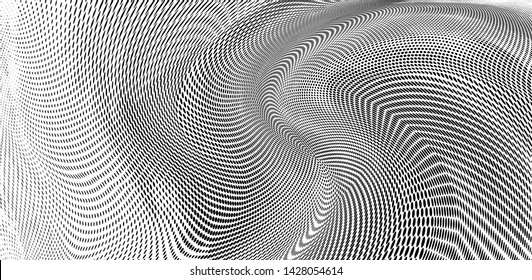 Abstract monochrome grunge halftone pattern. Soft dynamic lines. Half tone  panoramic vector illustration with dots. Modern black and white polka dots wide background for web design, leaflets, print