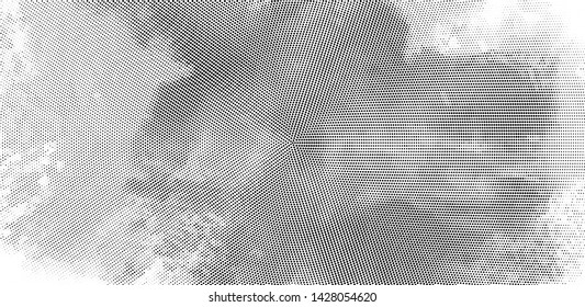 Abstract monochrome grunge halftone pattern. Soft dynamic lines. Half tone  panoramic vector illustration with dots. Modern black and white polka dots wide background for web design, leaflets, print