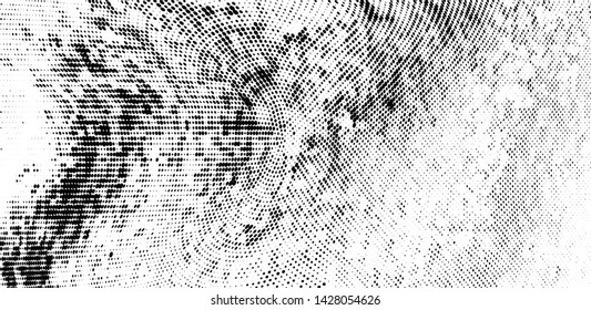 Abstract monochrome grunge halftone pattern. Soft dynamic lines. Half tone  panoramic vector illustration with dots. Modern black and white polka dots wide background for web design, leaflets, print