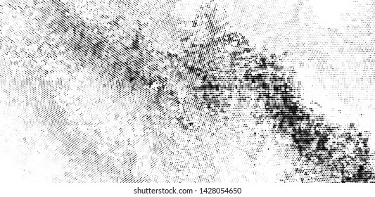 Abstract monochrome grunge halftone pattern. Soft dynamic lines. Half tone  panoramic vector illustration with dots. Modern black and white polka dots wide background for web design, leaflets, print