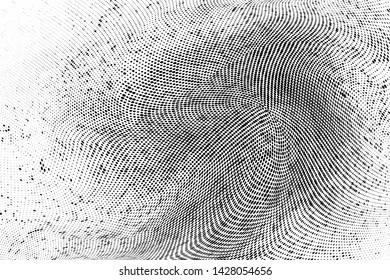 Abstract monochrome grunge halftone pattern. Soft dynamic lines. Half tone  panoramic vector illustration with dots. Modern black and white polka dots wide background for web design, leaflets, print