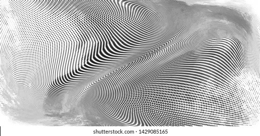 Abstract monochrome grunge halftone pattern. Soft dynamic lines. Half tone  panoramic vector illustration with dots. Modern black and white polka dots wide background for web design, leaflets, print
