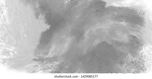 Abstract monochrome grunge halftone pattern. Soft dynamic lines. Half tone  panoramic vector illustration with dots. Modern black and white polka dots wide background for web design, leaflets, print
