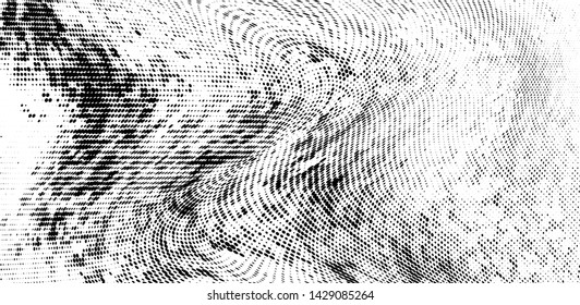Abstract monochrome grunge halftone pattern. Soft dynamic lines. Half tone  panoramic vector illustration with dots. Modern black and white polka dots wide background for web design, leaflets, print