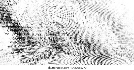 Abstract monochrome grunge halftone pattern. Soft dynamic lines. Half tone  panoramic vector illustration with dots. Modern black and white polka dots wide background for web design, leaflets, print