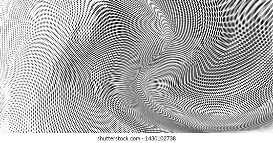 Abstract monochrome grunge halftone pattern. Soft dynamic lines. Half tone  panoramic vector illustration with dots. Modern black and white polka dots wide background for web design, leaflets, print