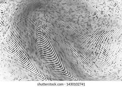 Abstract monochrome grunge halftone pattern. Soft dynamic lines. Half tone  panoramic vector illustration with dots. Modern black and white polka dots wide background for web design, leaflets, print