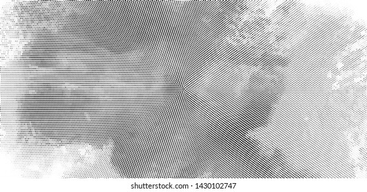 Abstract monochrome grunge halftone pattern. Soft dynamic lines. Half tone  panoramic vector illustration with dots. Modern black and white polka dots wide background for web design, leaflets, print