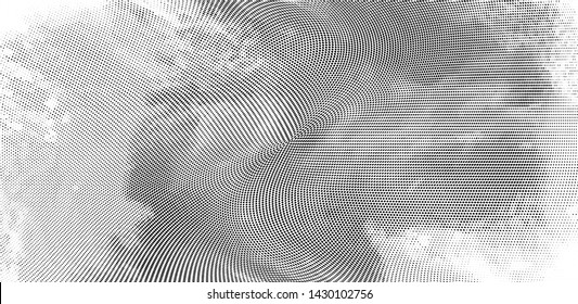 Abstract monochrome grunge halftone pattern. Soft dynamic lines. Half tone  panoramic vector illustration with dots. Modern black and white polka dots wide background for web design, leaflets, print