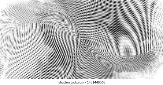 Abstract monochrome grunge halftone pattern. Soft dynamic lines. Half tone  panoramic vector illustration with dots. Modern black and white polka dots wide background for web design, leaflets, print