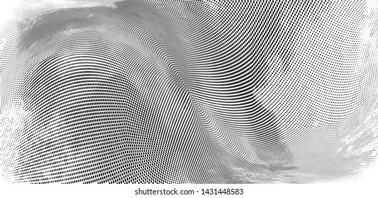 Abstract monochrome grunge halftone pattern. Soft dynamic lines. Half tone  panoramic vector illustration with dots. Modern black and white polka dots wide background for web design, leaflets, print