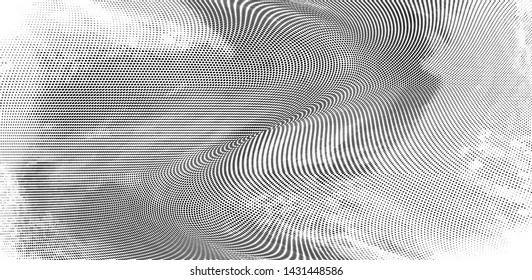 Abstract monochrome grunge halftone pattern. Soft dynamic lines. Half tone  panoramic vector illustration with dots. Modern black and white polka dots wide background for web design, leaflets, print