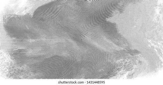 Abstract monochrome grunge halftone pattern. Soft dynamic lines. Half tone  panoramic vector illustration with dots. Modern black and white polka dots wide background for web design, leaflets, print