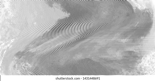 Abstract monochrome grunge halftone pattern. Soft dynamic lines. Half tone  panoramic vector illustration with dots. Modern black and white polka dots wide background for web design, leaflets, print