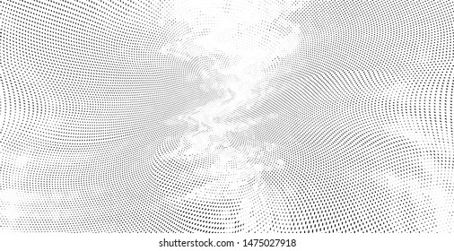 Abstract monochrome grunge halftone pattern. Soft dynamic lines. Half tone  panoramic vector illustration with dots. Modern black and white polka dots wide background for web design, leaflets, print
