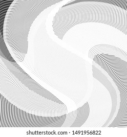Abstract monochrome grunge halftone pattern. Soft dynamic lines. Half tone  geometric vector illustration with dots. Modern black and white polka dots wide background for web design, leaflets, print