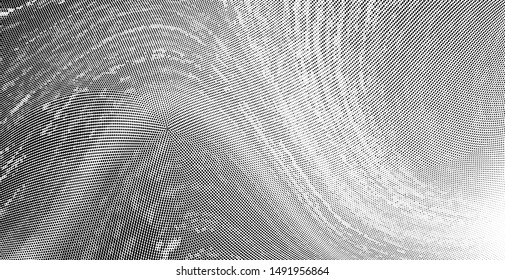 Abstract monochrome grunge halftone pattern. Soft dynamic lines. Half tone  panoramic vector illustration with dots. Modern black and white polka dots wide background for web design, leaflets, print