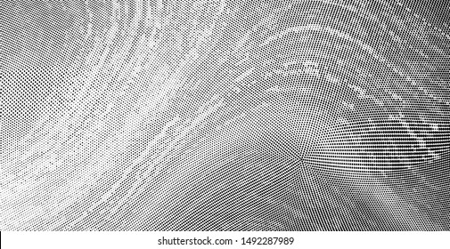 Abstract monochrome grunge halftone pattern. Soft dynamic lines. Half tone  panoramic vector illustration with dots. Modern black and white polka dots wide background for web design, leaflets, print
