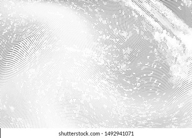 Abstract monochrome grunge halftone pattern. Soft dynamic lines. Half tone  geometric vector illustration with dots. Modern black and white polka dots wide background for web design, leaflets, print