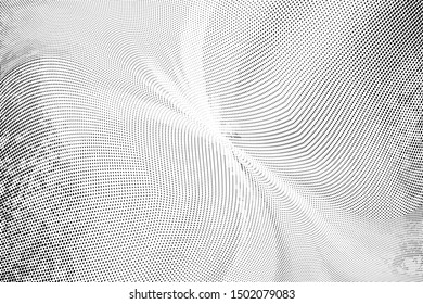 Abstract monochrome grunge halftone pattern. Soft dynamic lines. Half tone  geometric vector illustration with dots. Modern black and white polka dots wide background for web design, leaflets, print